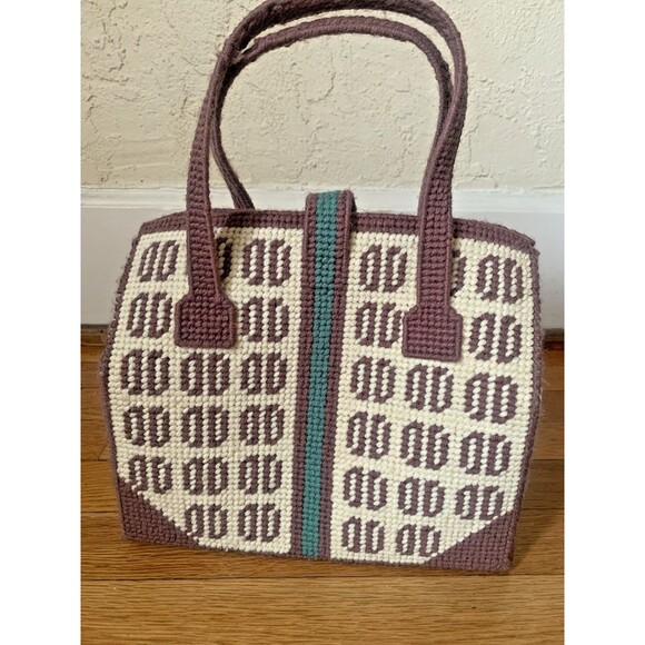 Vintage Needlepoint Tote Bag Monogram – Handmade Canvas Yarn Hippie Purse - Picture 3 of 8